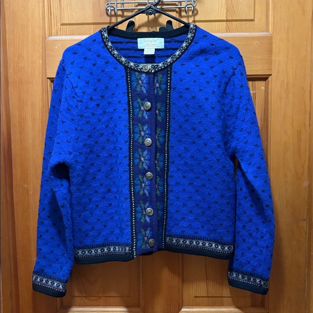 Vintage Tally-Ho Blue Patterned Cardigan 100% Boiled Wool Sweater